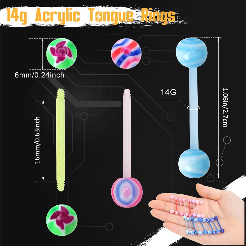 CrazyPiercing Wholesale 14g Acrylic Bar Tongue Rings Barbells Assorted Colors 110 PCS Acrylic Ball - Image 3